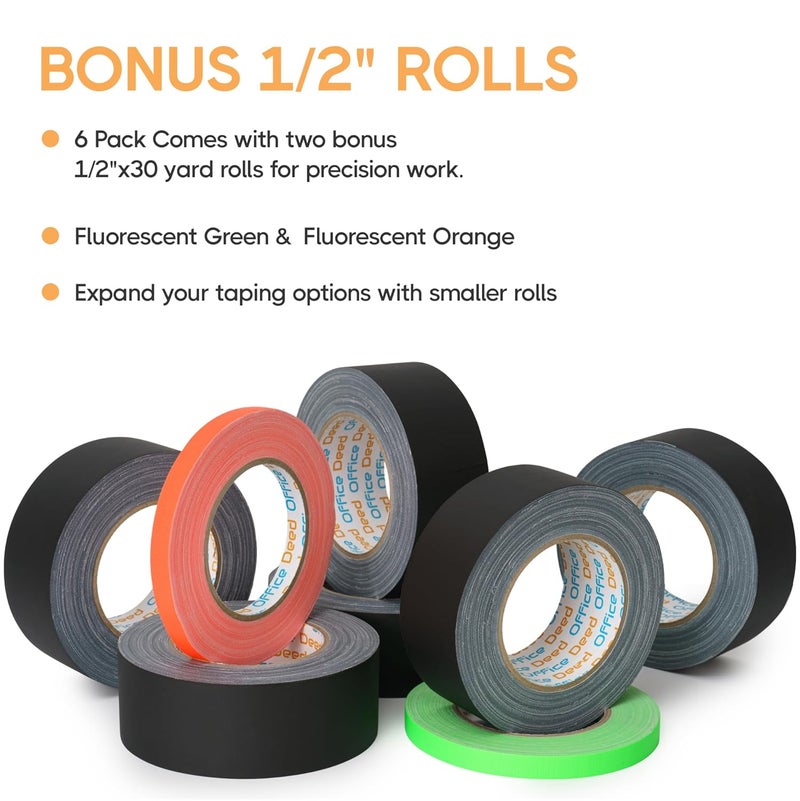 Office Deed Black Gaffers Tape 2 inch X 30 Yard, 6 Pack, Non-Reflective, No Residue, Hand Tear, Waterproof, Matte Black Gaff Tape for Stages, Floor Tape for Electrical Cords (6 Pack) - Image 2